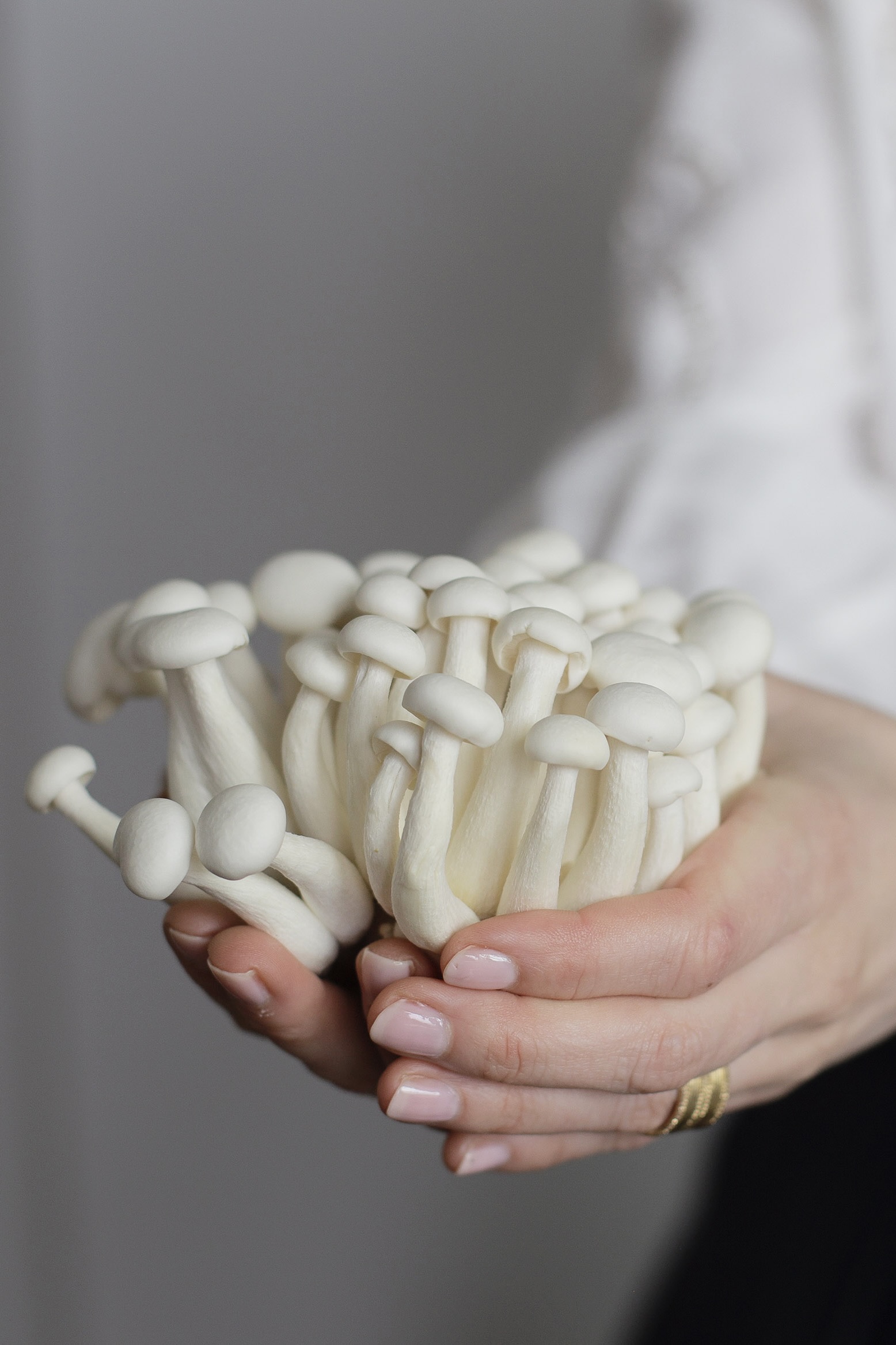 Persoon met paddenstoelen als symbool voor voeding en darmgezondheid bij Mind Your Gut